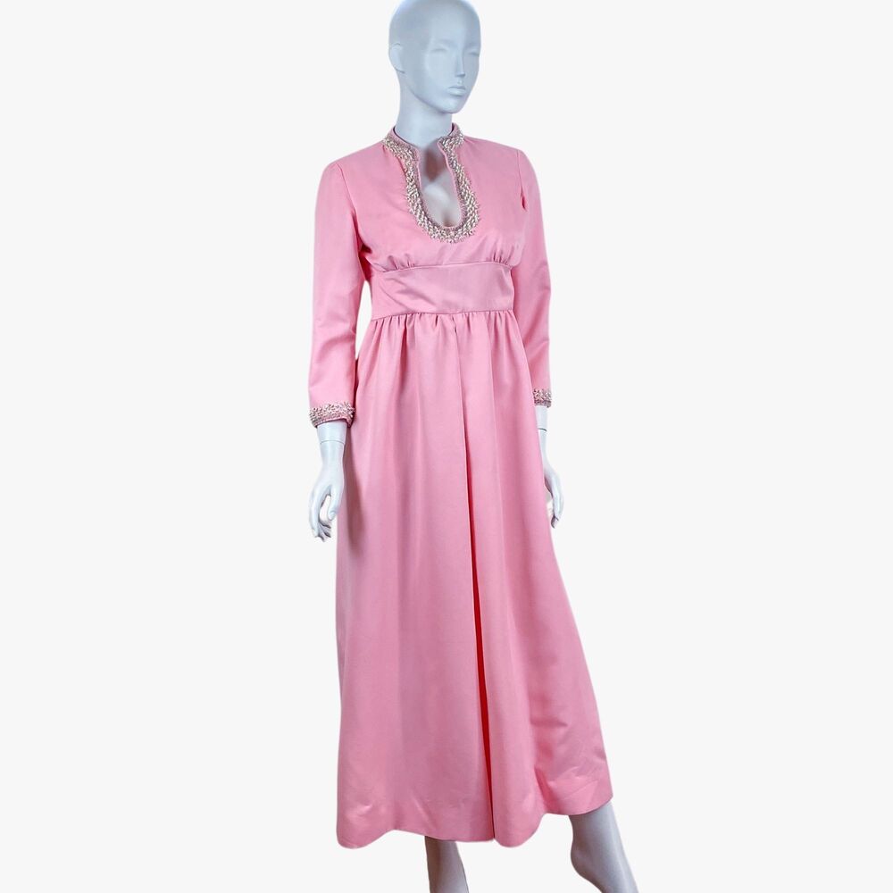 60s Dynasty Pink Palazzo Pant Jumpsuit Embellished Beaded Sequin Party Wedding